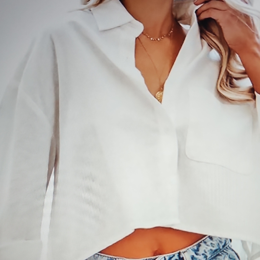 White Button Down Shirt with Long Sleeves and Cropped Boxy Style